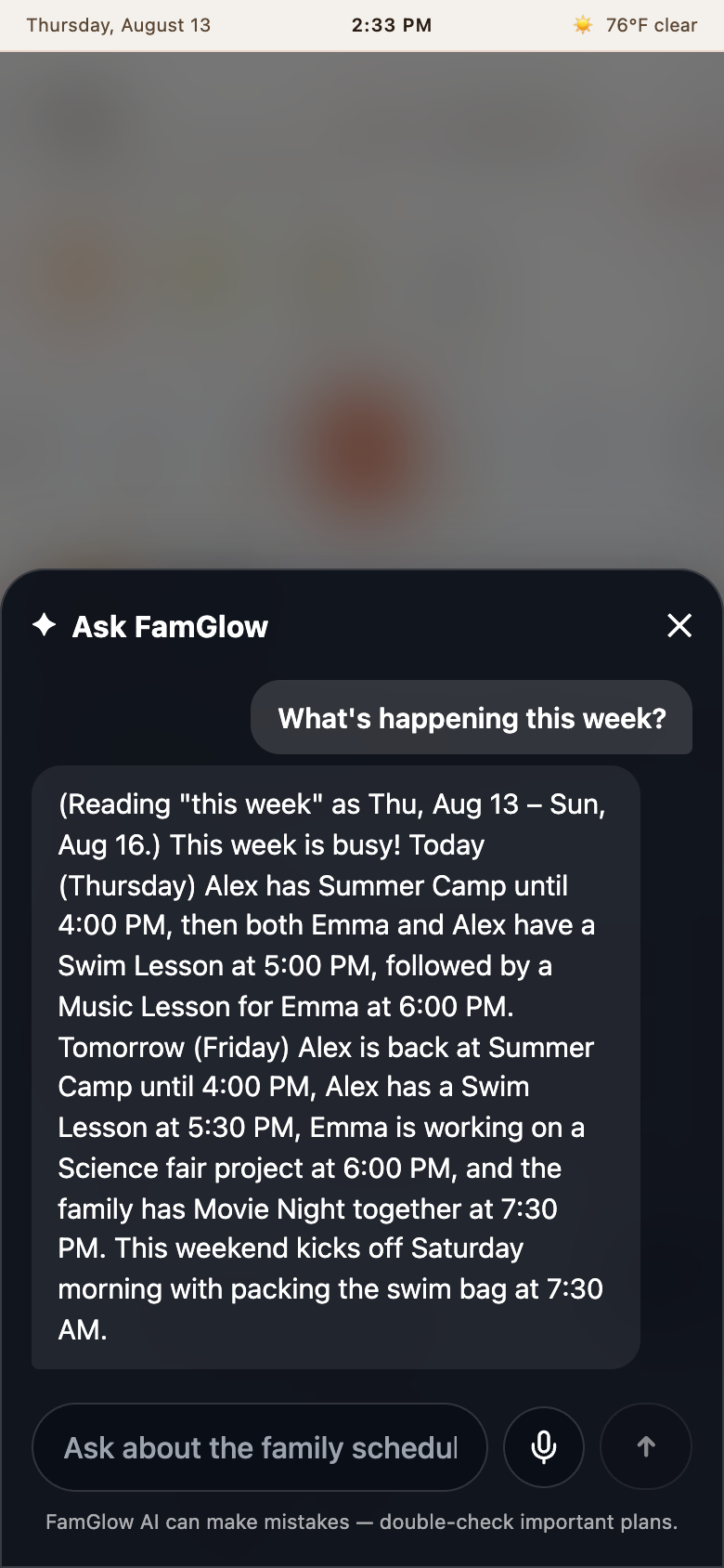 Ask FamGlow answering "What's happening this week?" with each kid's activities