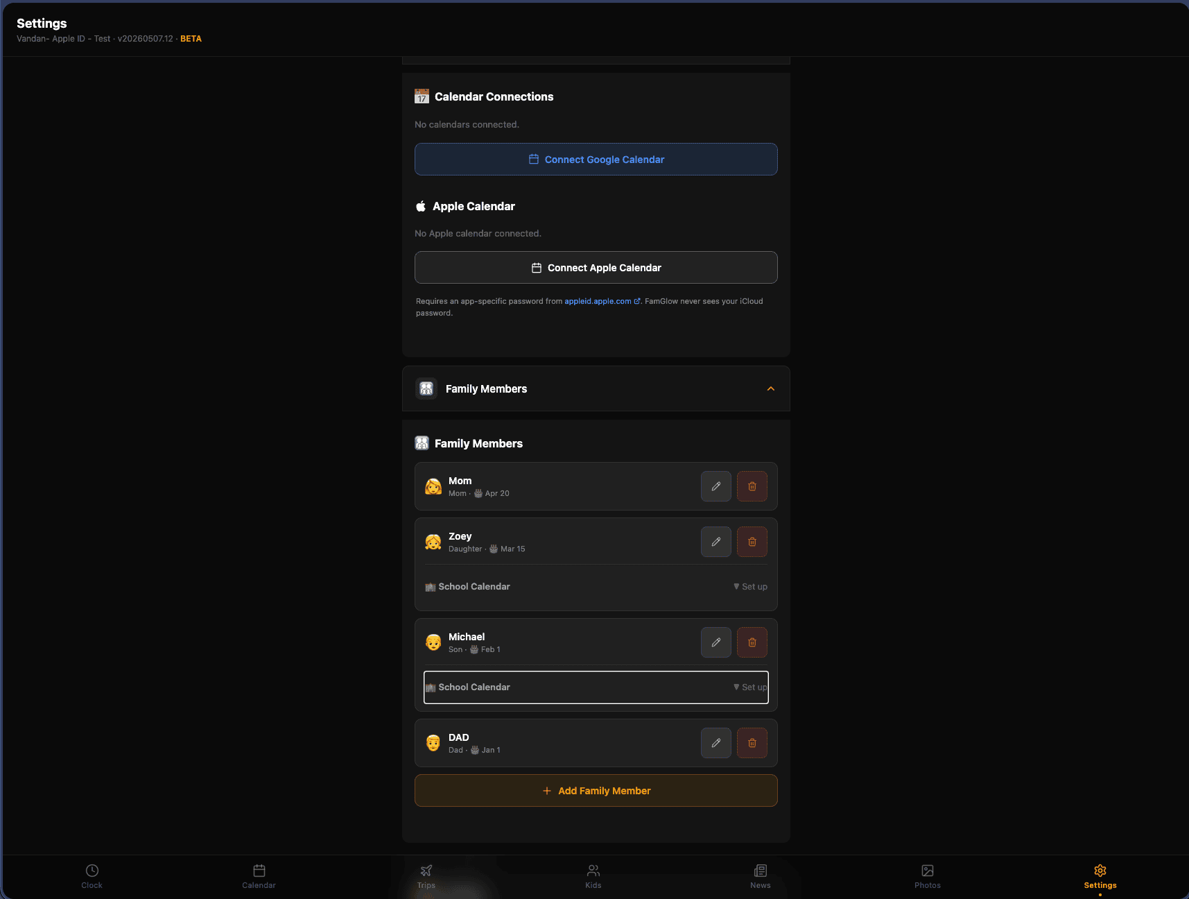 Settings page