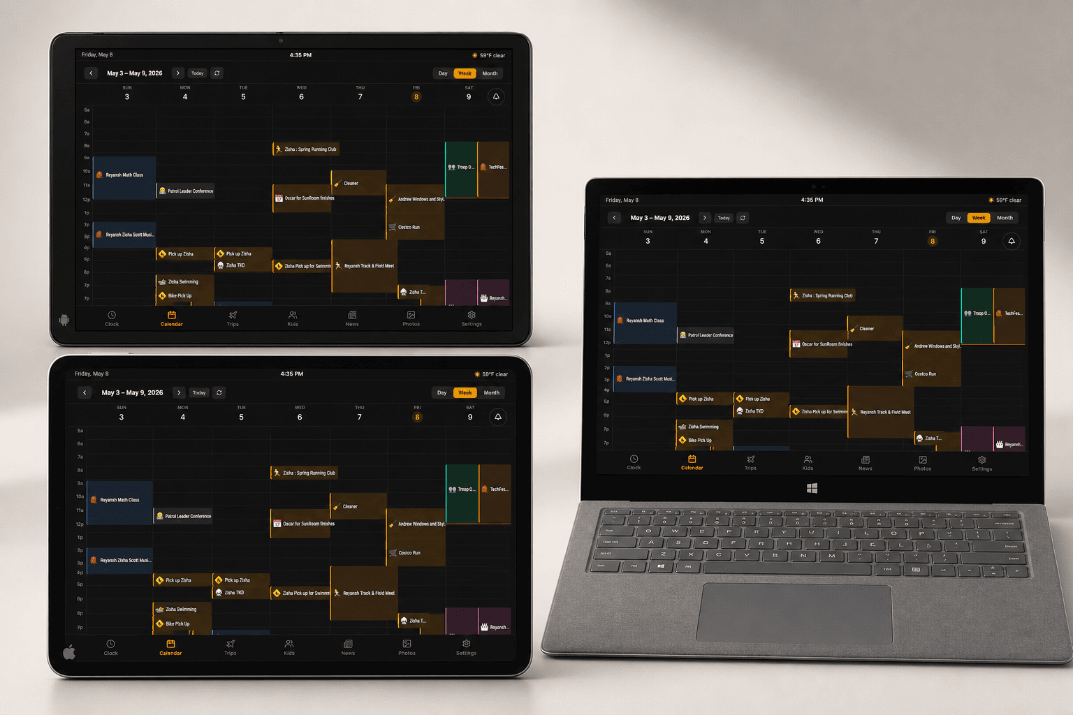 FamGlow running on Android tablet, iPad, and Windows laptop