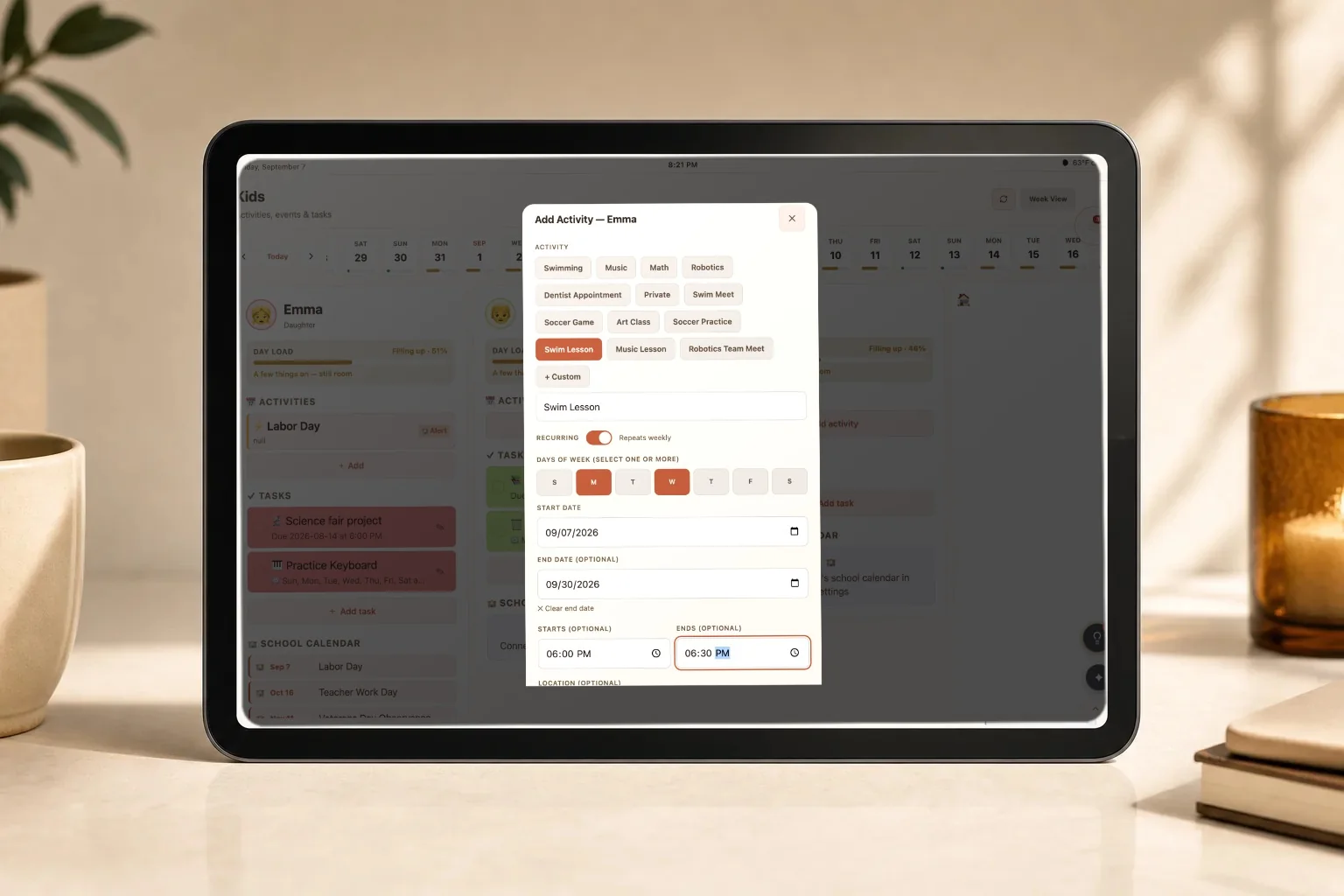 A tablet showing the Add Activity sheet for Emma, with a weekly swim lesson being set up
