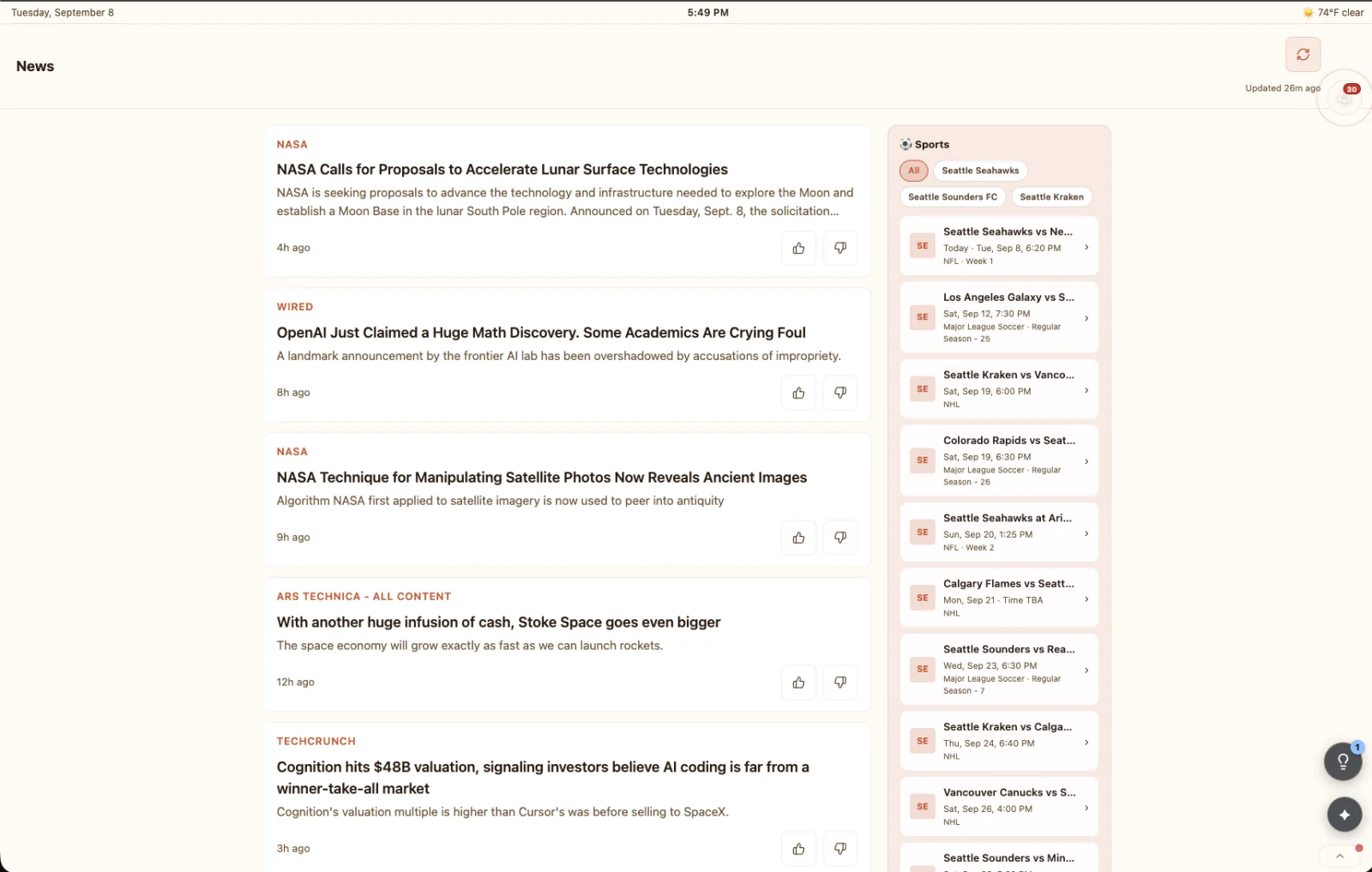 The FamGlow news screen showing morning headlines beside a rail of upcoming games for the teams the family follows