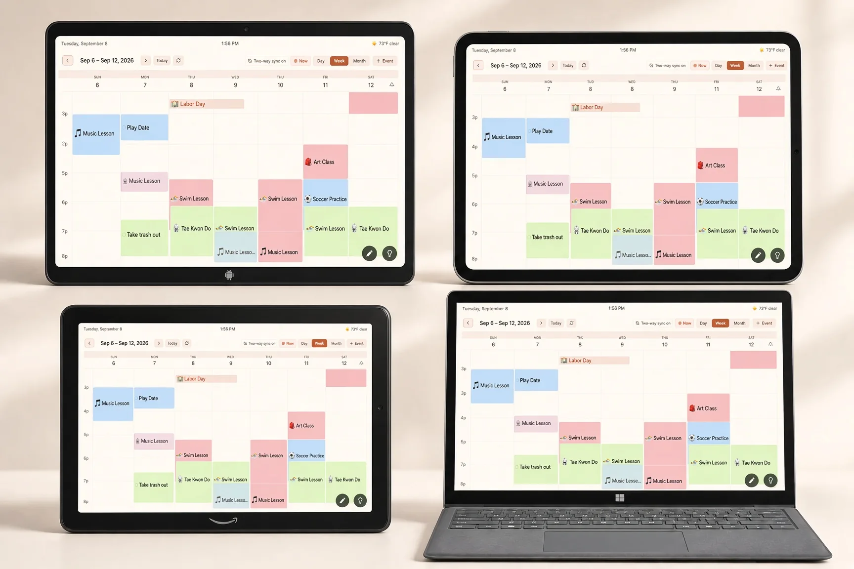 The same FamGlow week shown at once on an iPad, an Android tablet, a Fire tablet and a Windows laptop.